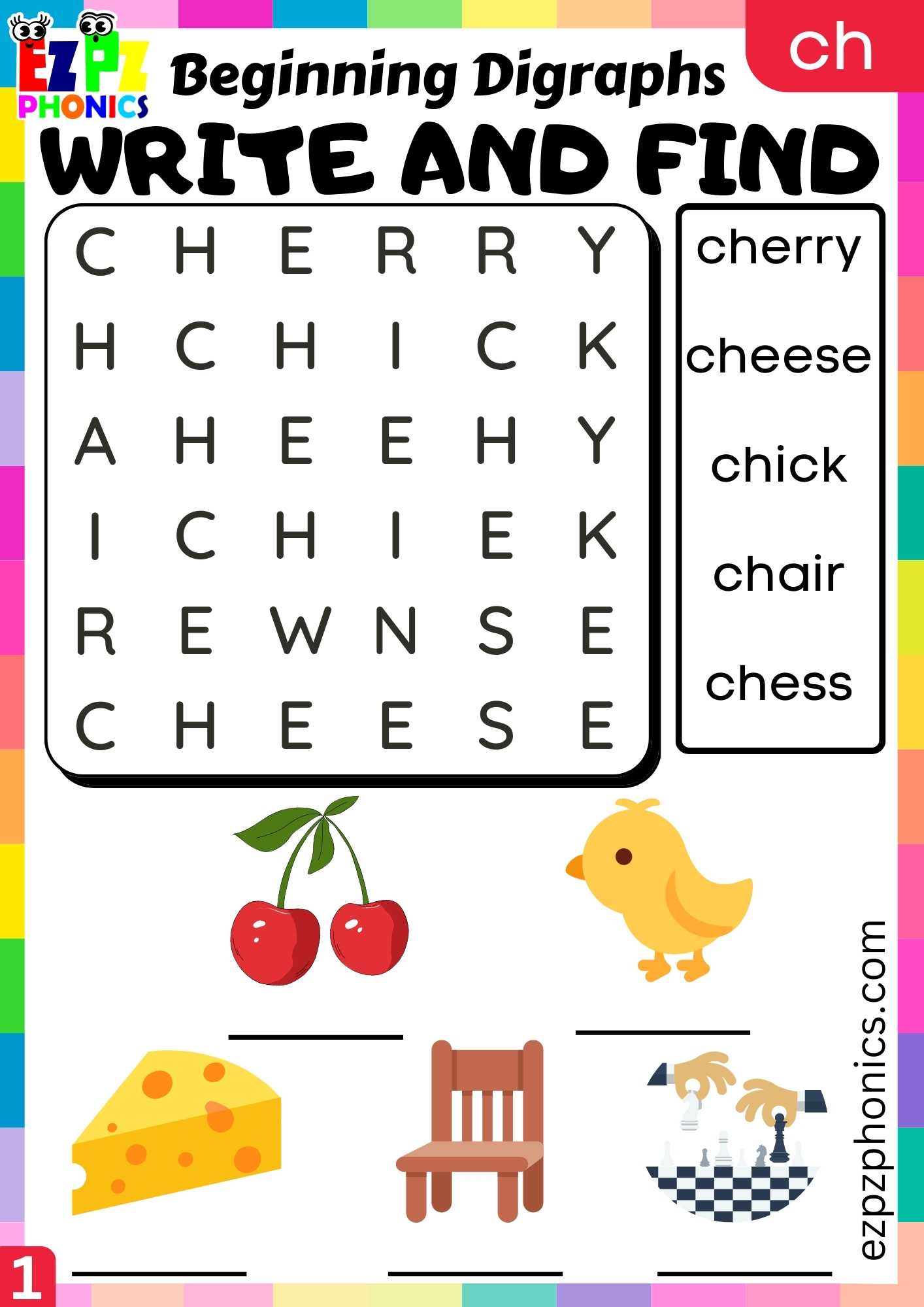 Group1 CH Words Write And Find Consonant Digraphs Phonics Beginning Worksheet